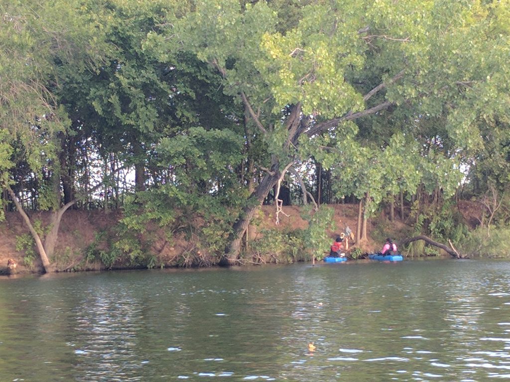 Paddlers approaching snake island on kayaks.