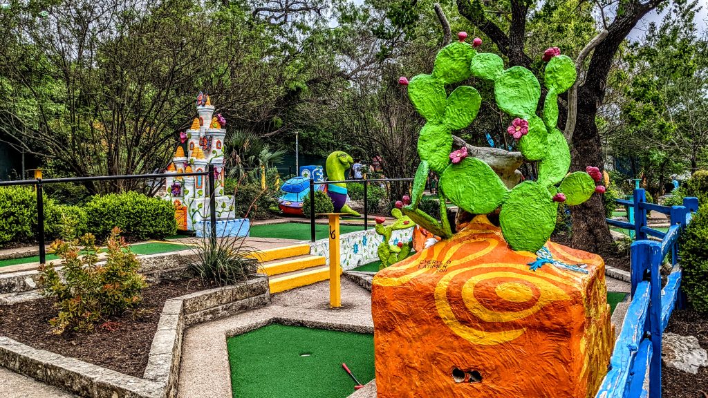 Colorful structures adorning the landscape of the Peter Pan Mini Golf course.