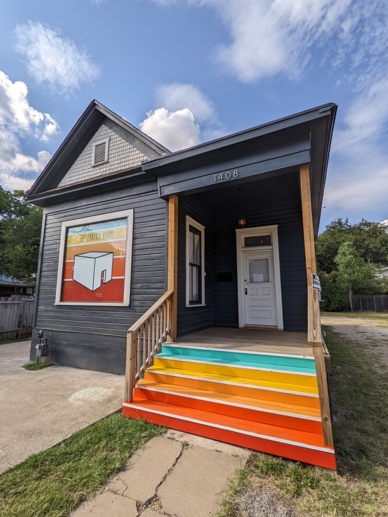 The Eureka Room building, view from the outside. Stripe colored steps.