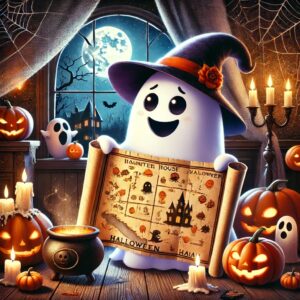 A cute ghost holding a map of Halloween Events