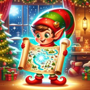 A cute elf holds a map of Christmas and holiday events around the city.