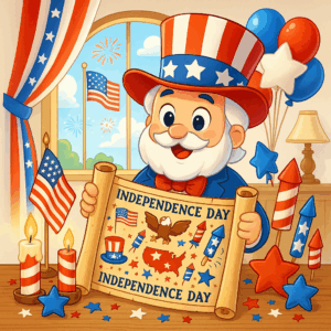A cute uncle Sam holding up a paper showing different 4th of july images.